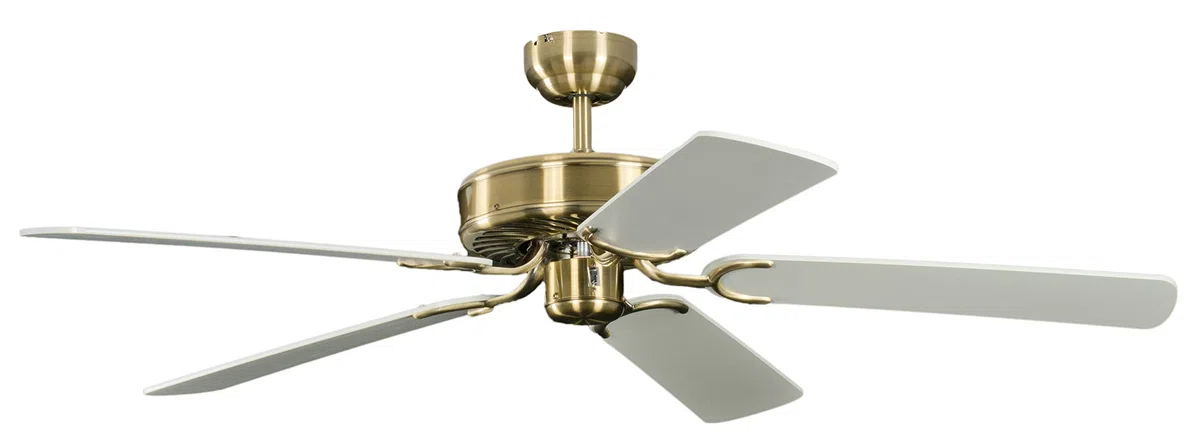 Ventilateur de plafond sans éclairage Potkuri Laiton Antique, lames réversibles Blanc ou Blanc avec rotin, 132 cm