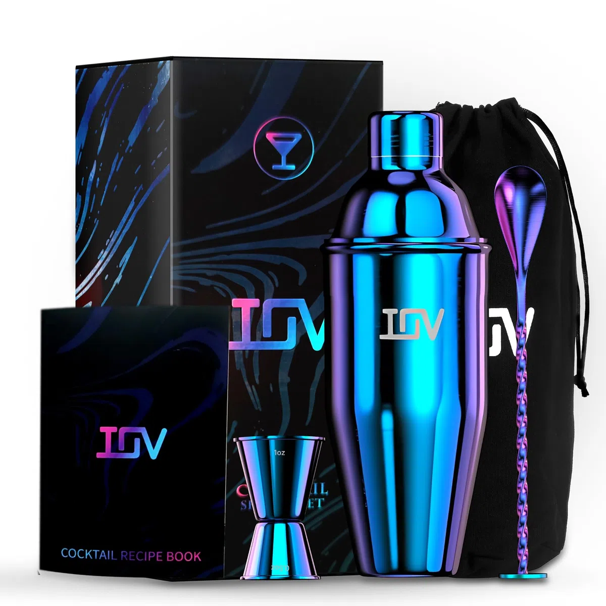 IOV Ensemble shaker à cocktail, shaker à martini de 710 ml avec passoire intégrée, kit d'outils de bar avec livret de recettes (français non garanti), grand shaker professionnel en acier inoxydable