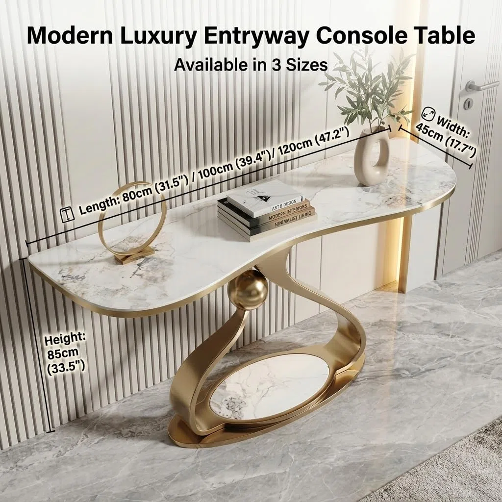 Table d'entrée en Pierre frittée, Console Moderne en métal, Table d'entrée étroite à Bord ondulé avec Plateau en Pierre, Style sculptural Moderne pour Salon (Gris, 80 x 45 x 85 cm)