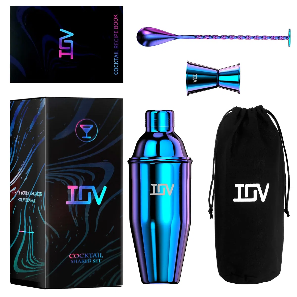 IOV Ensemble shaker à cocktail, shaker à martini de 710 ml avec passoire intégrée, kit d'outils de bar avec livret de recettes (français non garanti), grand shaker professionnel en acier inoxydable