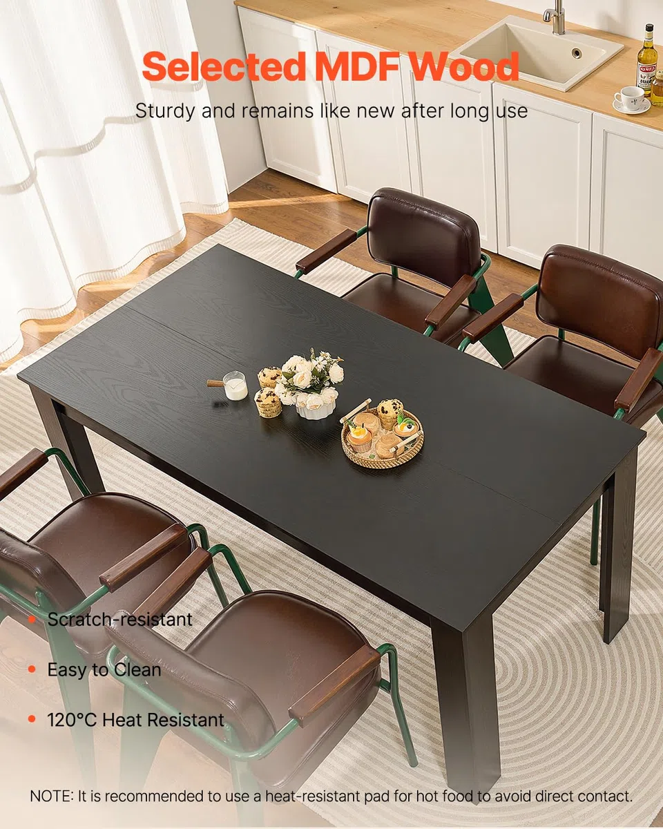 VEVOR Table à manger rectangulaire 160 cm, grande table de salle à manger en bois pour 4 à 6 personnes, mobilier moderne, bureau de conférence supportant 150 kg, pour cuisine salon, noir (table seule)
