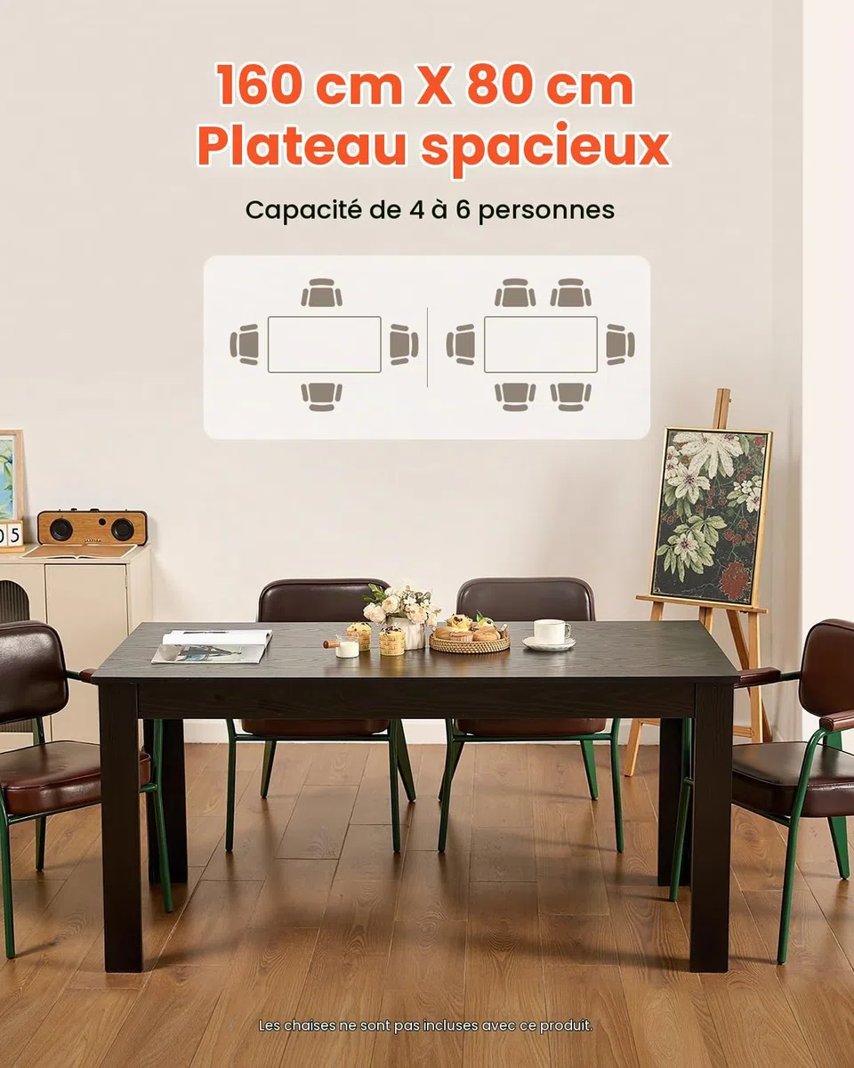 VEVOR Table à manger rectangulaire 160 cm, grande table de salle à manger en bois pour 4 à 6 personnes, mobilier moderne, bureau de conférence supportant 150 kg, pour cuisine salon, noir (table seule)