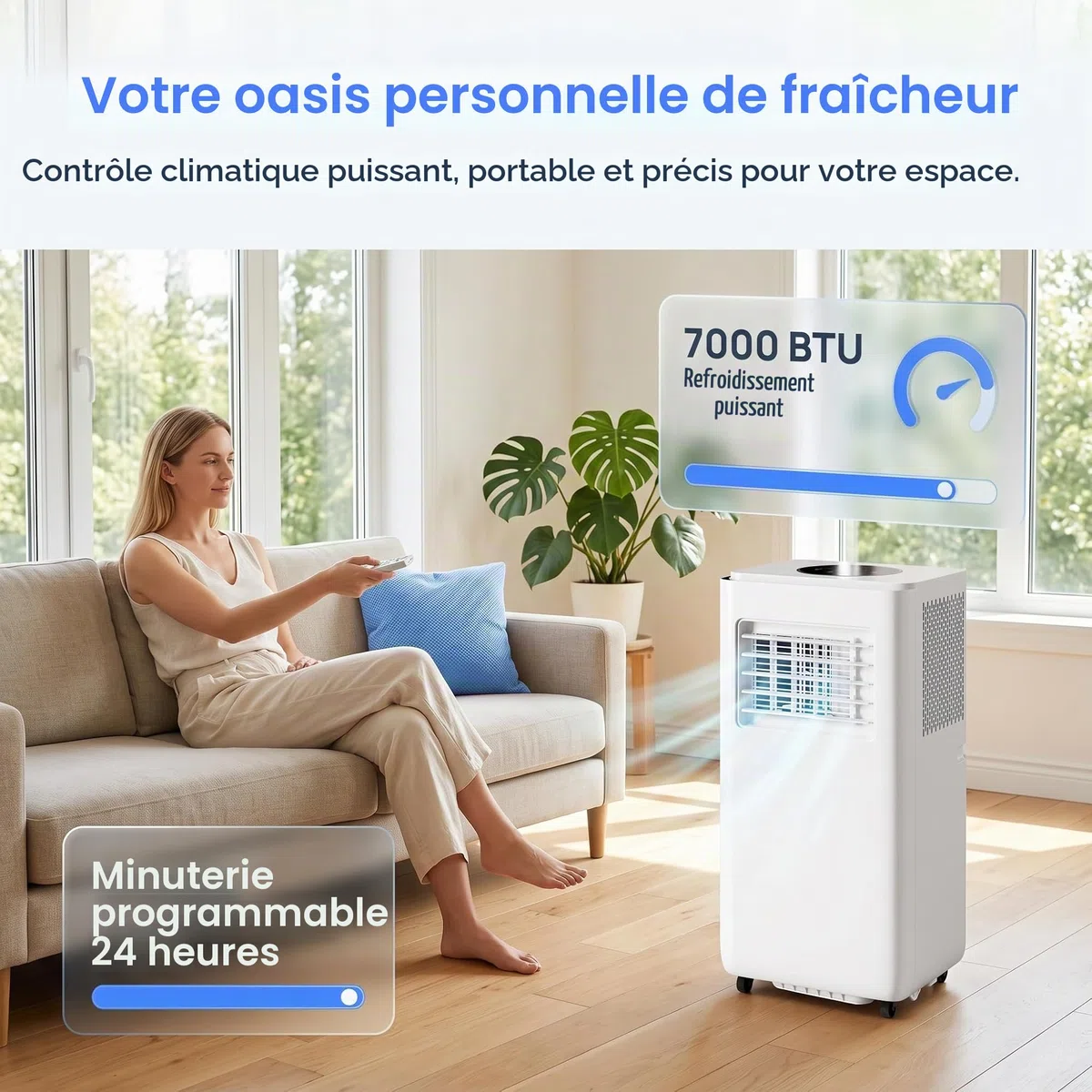 Climatiseur portable 14000BTU avec kit d'installation, économe en énergie, 2 vitesses, minuterie 24 heures, affichage numérique pour la maison et les grandes pièces