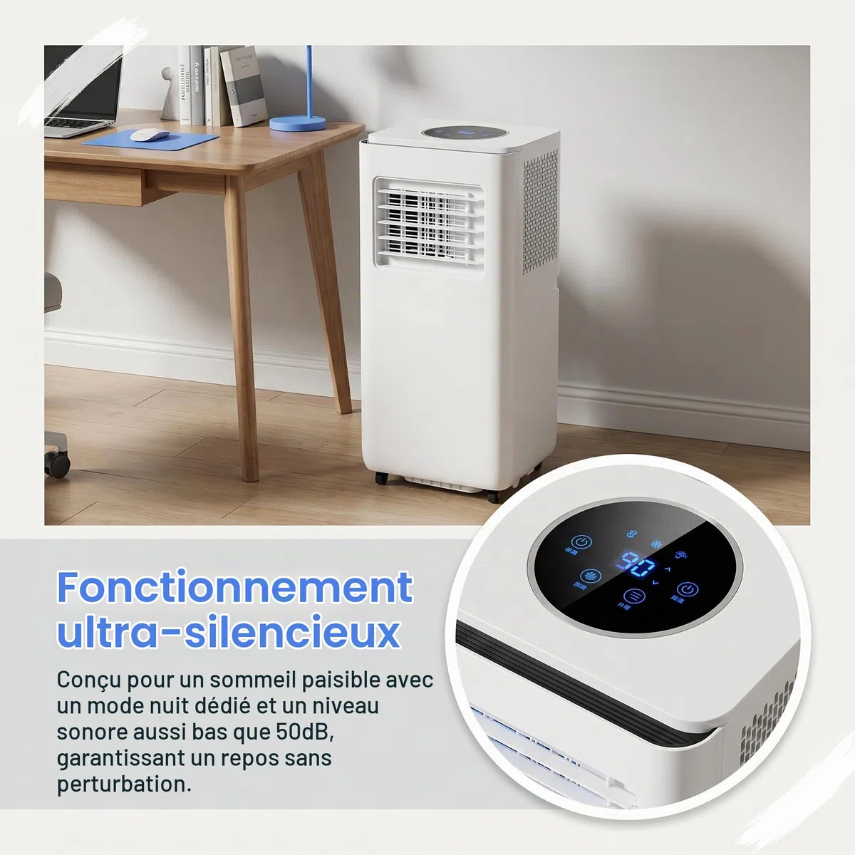 Climatiseur portable 14000BTU avec kit d'installation, économe en énergie, 2 vitesses, minuterie 24 heures, affichage numérique pour la maison et les grandes pièces