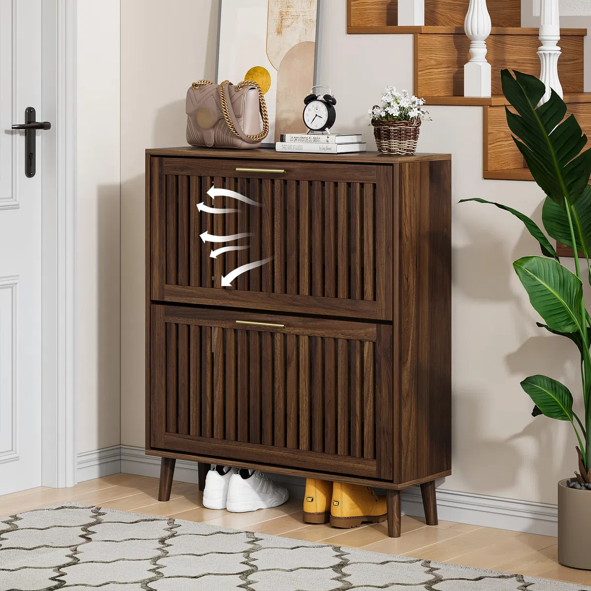 Meuble à chaussures pour entrée, meuble à chaussures fin avec pieds en métal