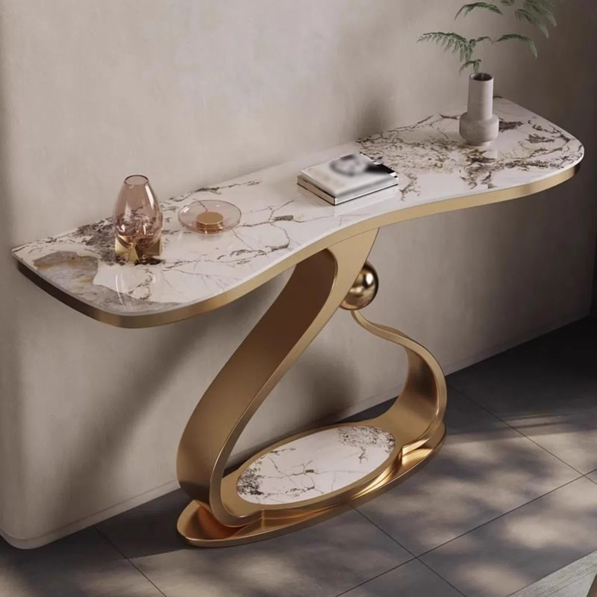 Table d'entrée en Pierre frittée, Console Moderne en métal, Table d'entrée étroite à Bord ondulé avec Plateau en Pierre, Style sculptural Moderne pour Salon (Gris, 80 x 45 x 85 cm)