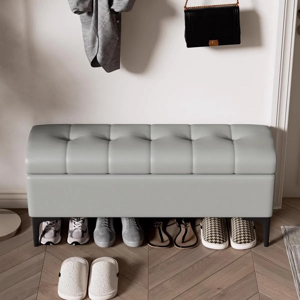 Pouf ottoman rond en similicuir de 60 cm avec repose-pieds pour chambre à coucher et entrée - Banc d'appoint rembourré polyvalent pour décoration d'intérieur chic