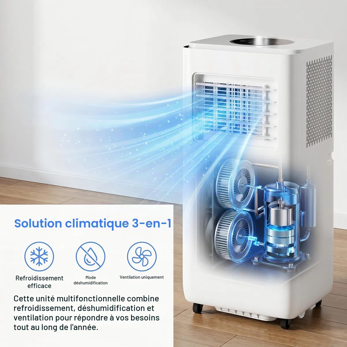 Climatiseur portable 14000BTU avec kit d'installation, économe en énergie, 2 vitesses, minuterie 24 heures, affichage numérique pour la maison et les grandes pièces