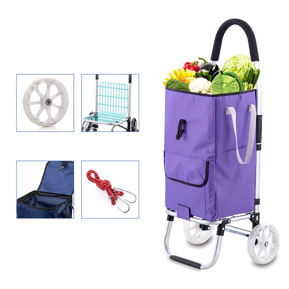 Sac à roulettes Pliable Panier Amovible À toute épreuve 65kg avec 2 grandes roues silencieux grande 45L Caddie 2 en 1 Alliage daluminium avec socle pour supermarché Voyage Pique-nique