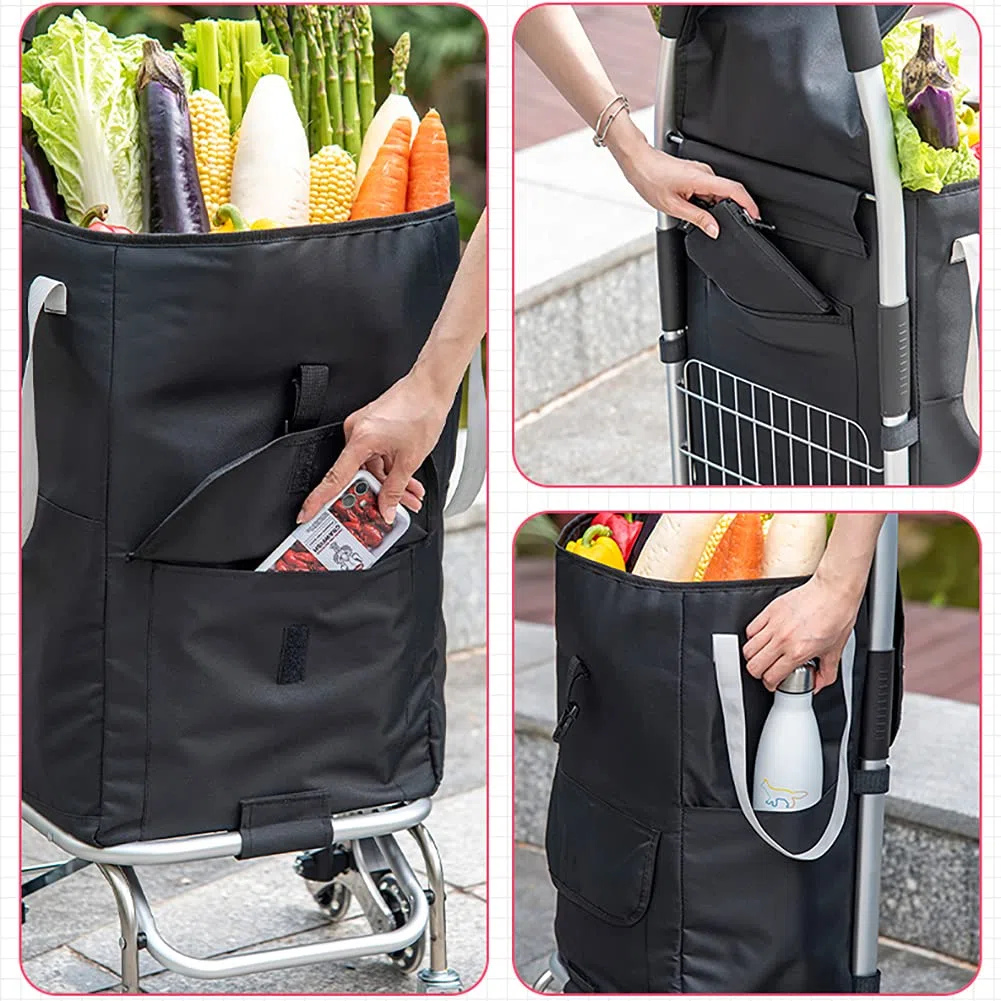 Sac à roulettes Pliable Panier Amovible À toute épreuve 65kg avec 2 grandes roues silencieux grande 45L Caddie 2 en 1 Alliage daluminium avec socle pour supermarché Voyage Pique-nique