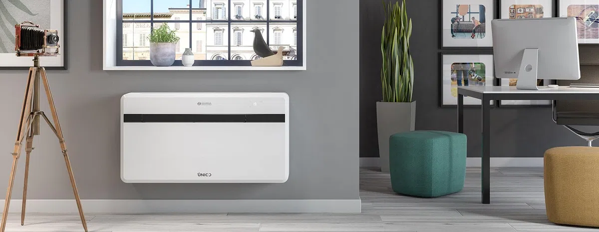Olimpia Splendid Climatiseur Monobloc Sans Unité Extérieure Unico Evo F 16 H-P PVA, Installation Murale, Pompe à Chaleur Froid et Chaud, Gaz Naturel R290, Puissance 2,1 kW, avec Télécommande