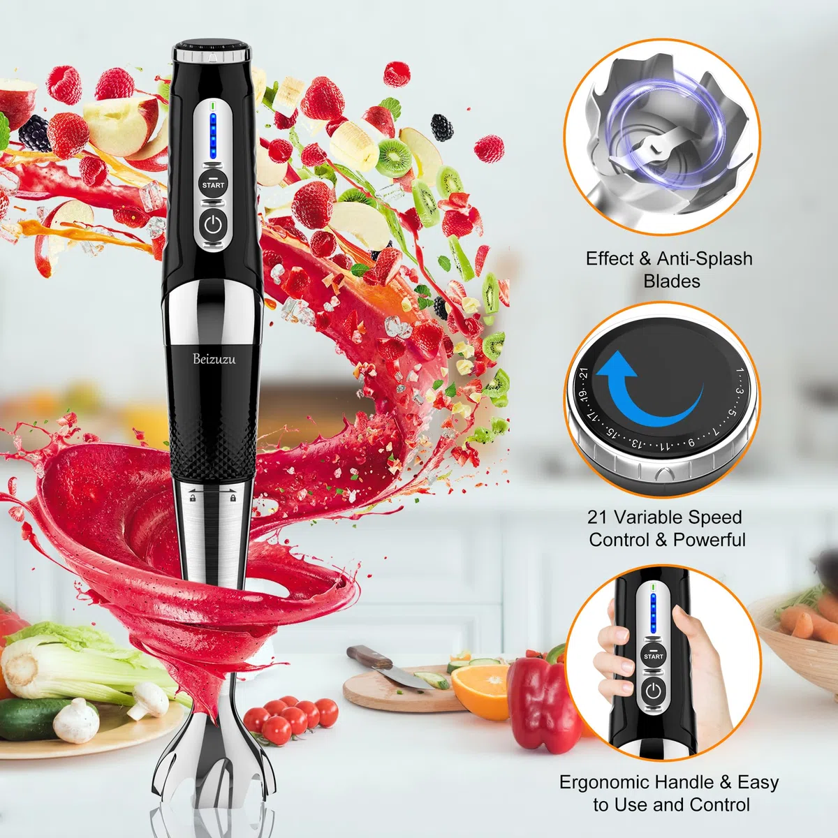 Mixeur plongeant sans fil : mélangeur à main rechargeable par USB 4 en 1, 21 vitesses variables et 3 angles réglables avec hachoir de 700 ml, bécher de 700 ml, fouet à œufs et batteur pour smoothies,