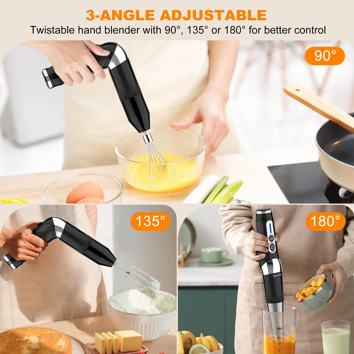 Mixeur plongeant sans fil : mélangeur à main rechargeable par USB 4 en 1, 21 vitesses variables et 3 angles réglables avec hachoir de 700 ml, bécher de 700 ml, fouet à œufs et batteur pour smoothies,