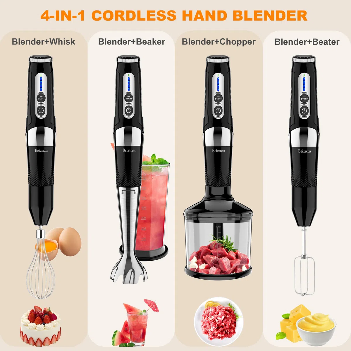 Mixeur plongeant sans fil : mélangeur à main rechargeable par USB 4 en 1, 21 vitesses variables et 3 angles réglables avec hachoir de 700 ml, bécher de 700 ml, fouet à œufs et batteur pour smoothies,