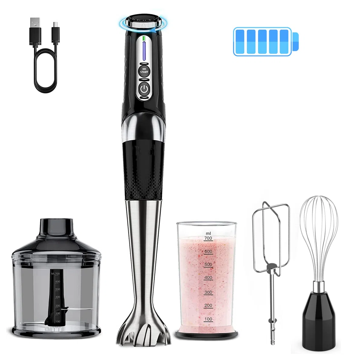 Mixeur plongeant sans fil : mélangeur à main rechargeable par USB 4 en 1, 21 vitesses variables et 3 angles réglables avec hachoir de 700 ml, bécher de 700 ml, fouet à œufs et batteur pour smoothies,
