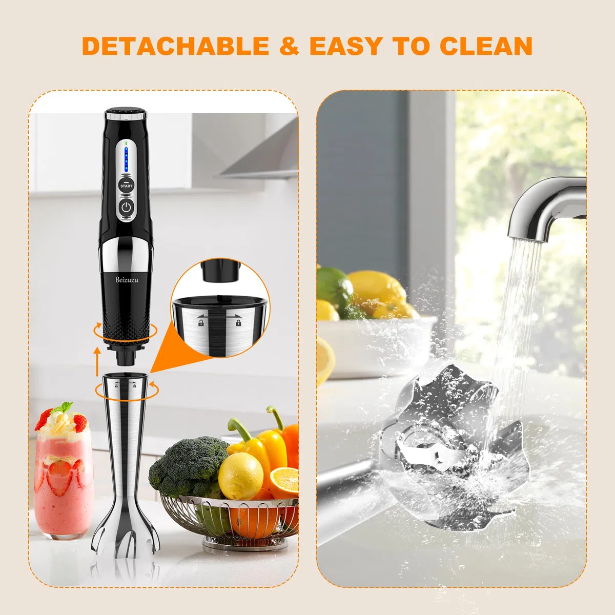 Mixeur plongeant sans fil : mélangeur à main rechargeable par USB 4 en 1, 21 vitesses variables et 3 angles réglables avec hachoir de 700 ml, bécher de 700 ml, fouet à œufs et batteur pour smoothies,
