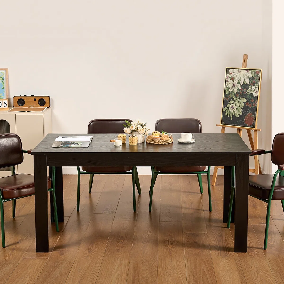 VEVOR Table à manger rectangulaire 160 cm, grande table de salle à manger en bois pour 4 à 6 personnes, mobilier moderne, bureau de conférence supportant 150 kg, pour cuisine salon, noir (table seule)