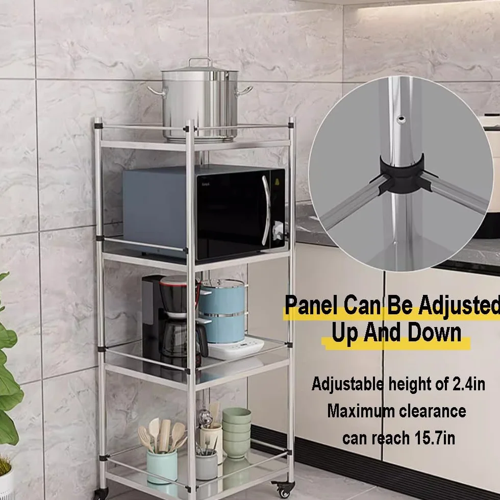 Étagère de rangement à 5 niveaux en acier inoxydable 304 robuste avec roulettes, organiseur en métal pour casseroles, ustensiles et fournitures de cuisine (45 x 59,9 x 118,29 cm)