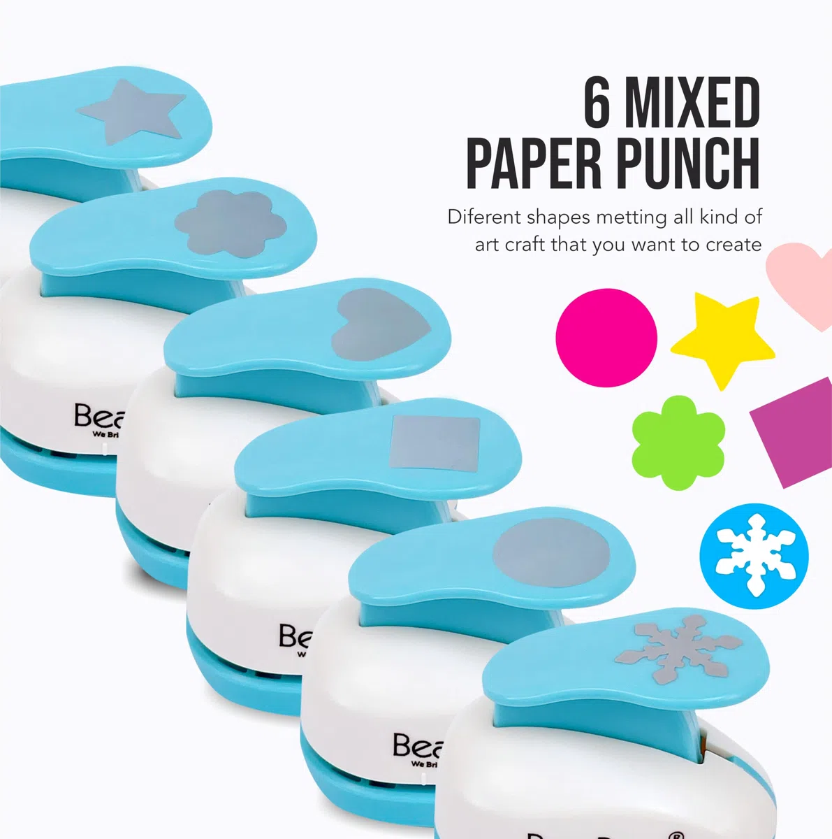 BearBoss Lot de 6 perforatrices de 2,5 cm pour travaux manuels, scrapbooking, formes mixtes pour enfants, enseignants, fournitures de bureau