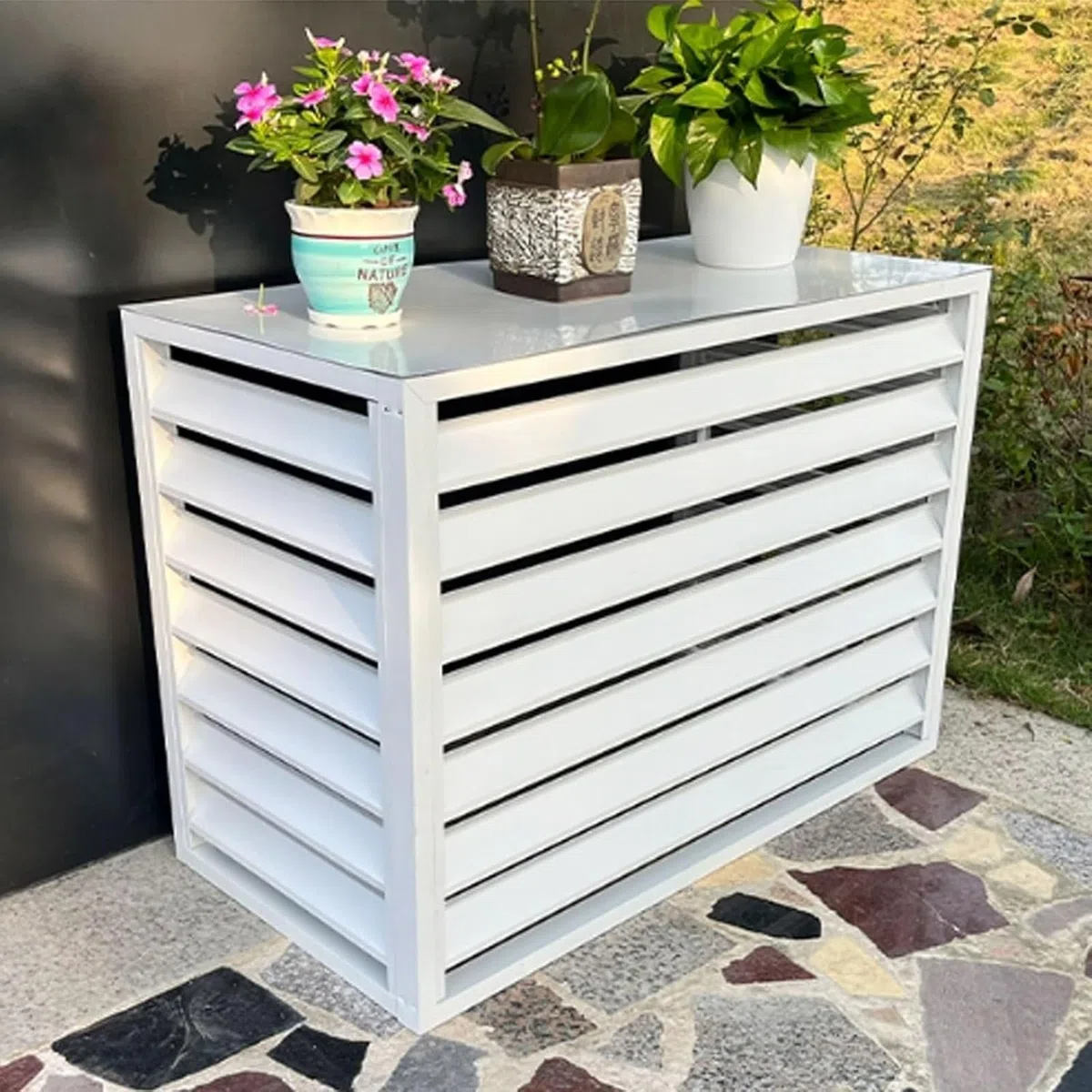 Cache Climatiseur Exterieur Aluminium, Couverture De Climatiseur Extérieur, Écran De Clôture For Climatiseur, Protection De Unité Extérieur Pour Pompe À Chaleur (White, 3 Sides)