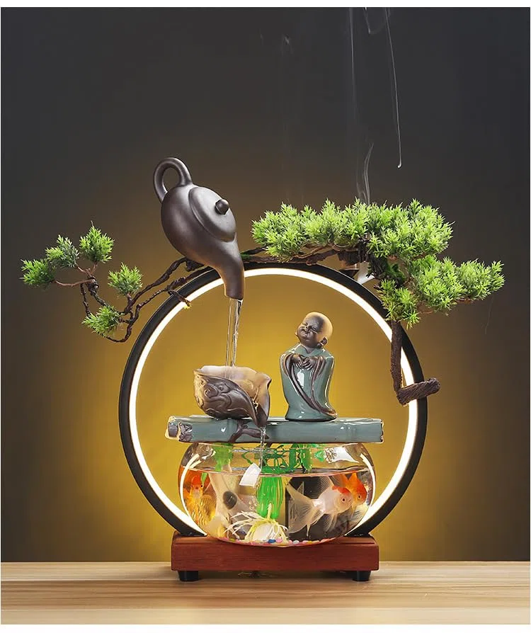 Élégante fontaine de table Feng Shui avec lumière LED – Décoration d'intérieur et d'extérieur en cascade – Pas de filtre ou de batterie nécessaire, parfaite pour la maison et le jardin (B)